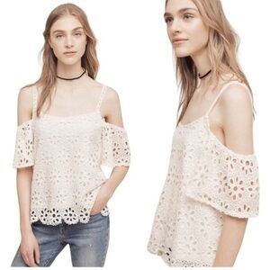 ANTHROPOLOGIE HARLYN EYELET CROCHET COLD SHOULDER SHORT SLEEVE IVORY CREAM TOP S